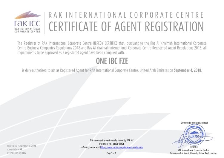 Offizielles Dokument des RAK ICC Firmenregisters